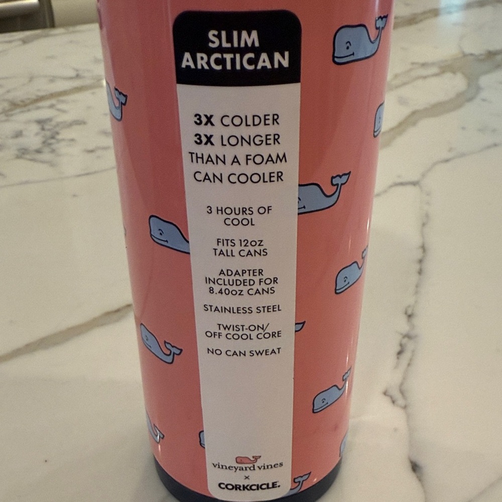 Corkcicle Vineyard Vines Pink Slim Can Holder with Blue Whale Design - Picture 2 of 3